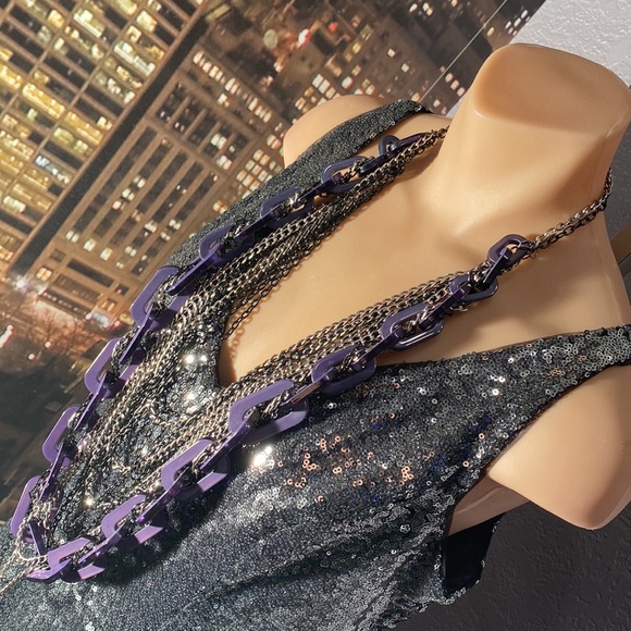 ADIA KIBUR - signed runway necklace w purple lucite links and multi metal chains - Picture 3 of 16